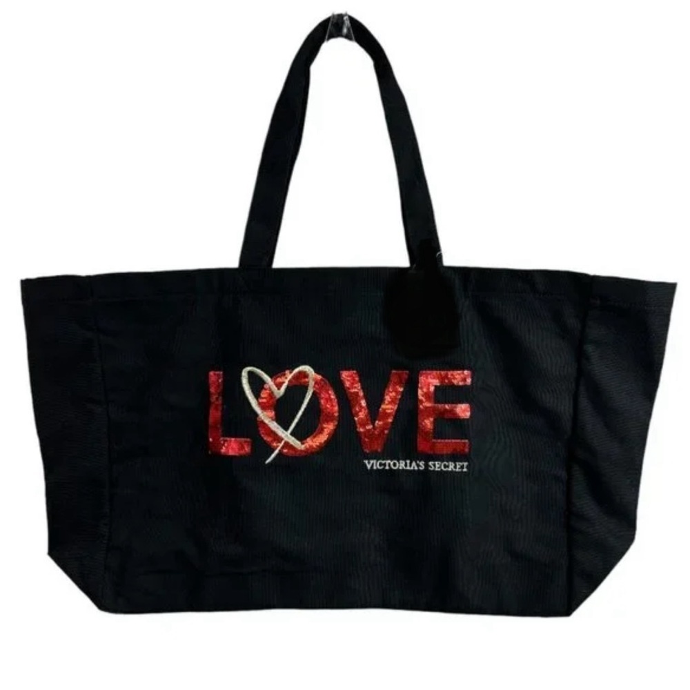 NEW VICTORIA’S SECRET Love Canvas Black Tote RED SEQUINS Love Limited Edition